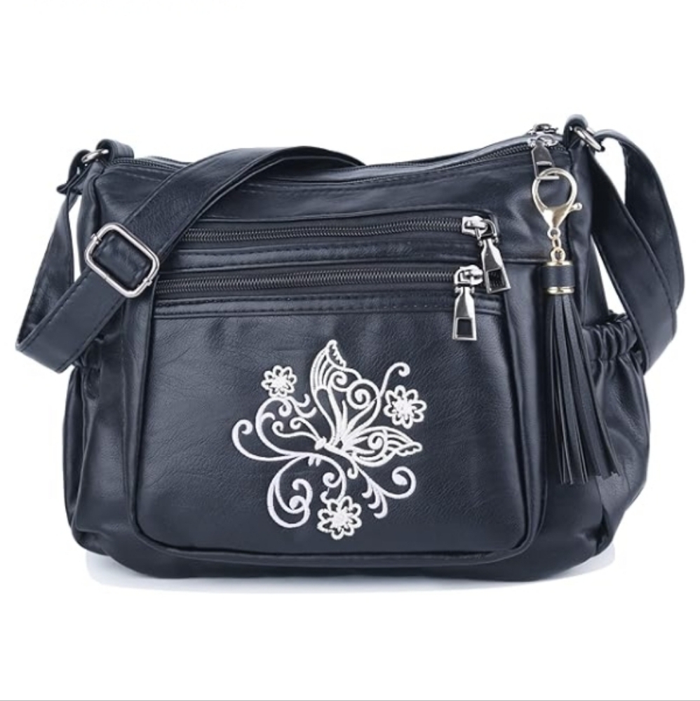 Crossbody Shoulder Bag Soft PU Leather Multi Poskets Black